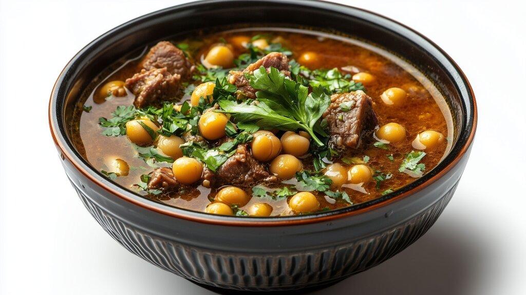 Bowl of traditional Moroccan Harira soup, rich and hearty, made with lentils, chickpeas, tomatoes, and aromatic spices, garnished with fresh cilantro and lemon slices, served alongside crusty bread.