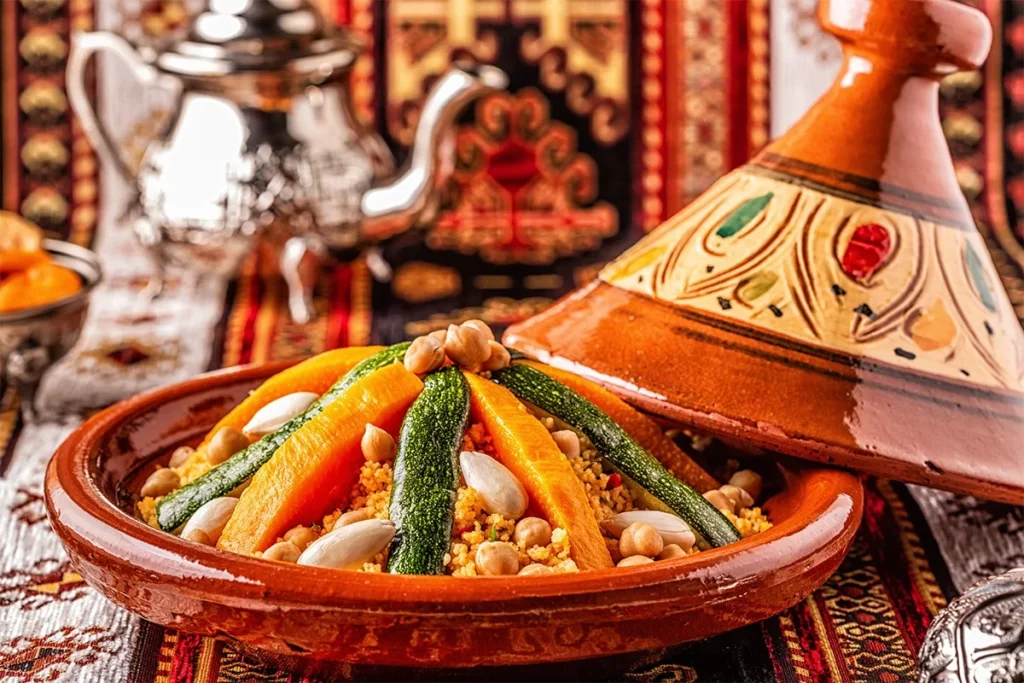 A traditional plate of couscous served with colorful vegetables, tender meat, and aromatic spices. The fluffy grains are topped with a drizzle of olive oil and garnished with fresh herbs, showcasing a delicious and inviting Moroccan dish.
