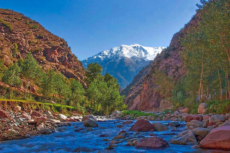 A lush view of Ourika Valley, featuring green terraced fields, flowing river waters, and traditional Moroccan houses nestled against the backdrop of the Atlas Mountains. The landscape is dotted with trees and surrounded by rugged mountain terrain."