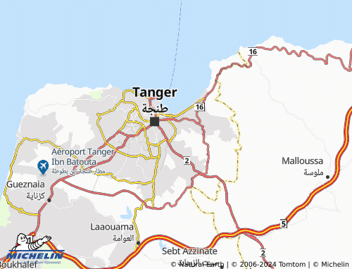 Detailed map of Tangier, Morocco, highlighting key landmarks, streets, and geographical features. The map showcases the city's coastal location along the Mediterranean Sea, with marked points of interest such as historical sites, cultural attractions, and major roads.