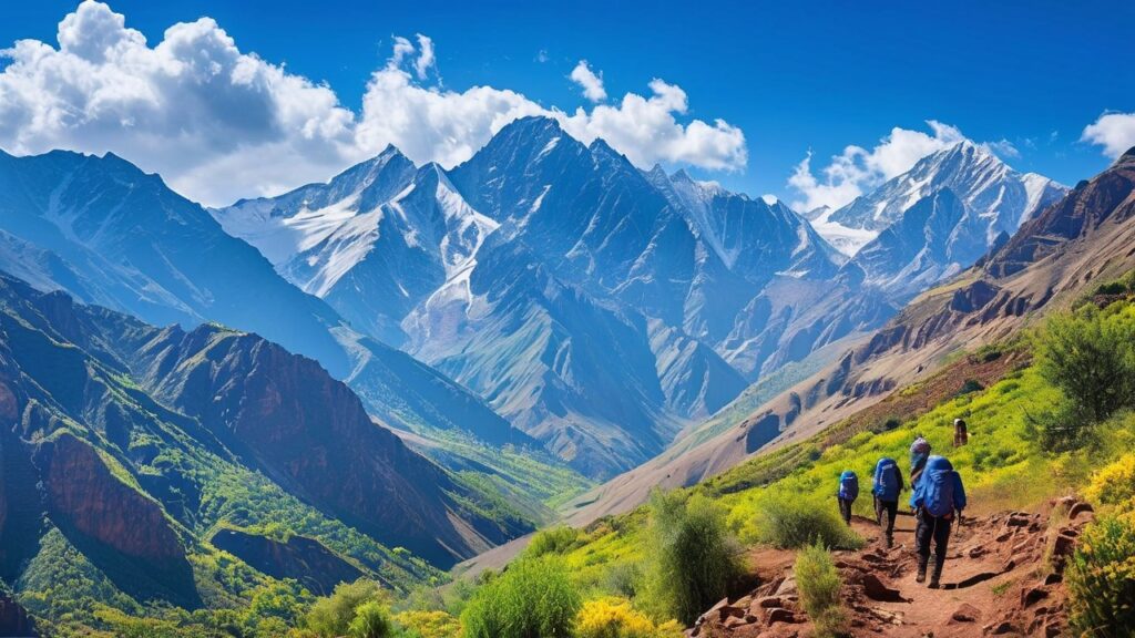 Panoramic view of the Atlas Mountains in Morocco, with rugged peaks and valleys under a clear blue sky.