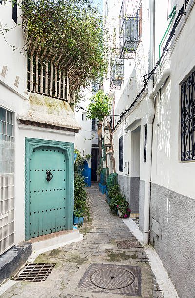 View of the historic old city of Tangier, showcasing narrow winding streets lined with whitewashed buildings, vibrant blue doors, and colorful flower pots. The image captures the charming blend of Moroccan architecture and coastal ambiance, with glimpses of the nearby Mediterranean Sea in the background